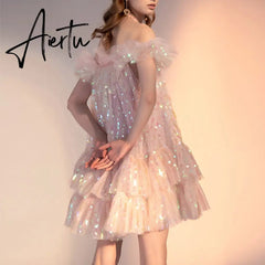 Aiertu Girls Sweet Pink Bling Bling Sequined Ruffles Ball Gown Dress Off Shoulder Halter Summer Beach Party Mesh Dress Aiertu