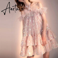 Aiertu Girls Sweet Pink Bling Bling Sequined Ruffles Ball Gown Dress Off Shoulder Halter Summer Beach Party Mesh Dress Aiertu