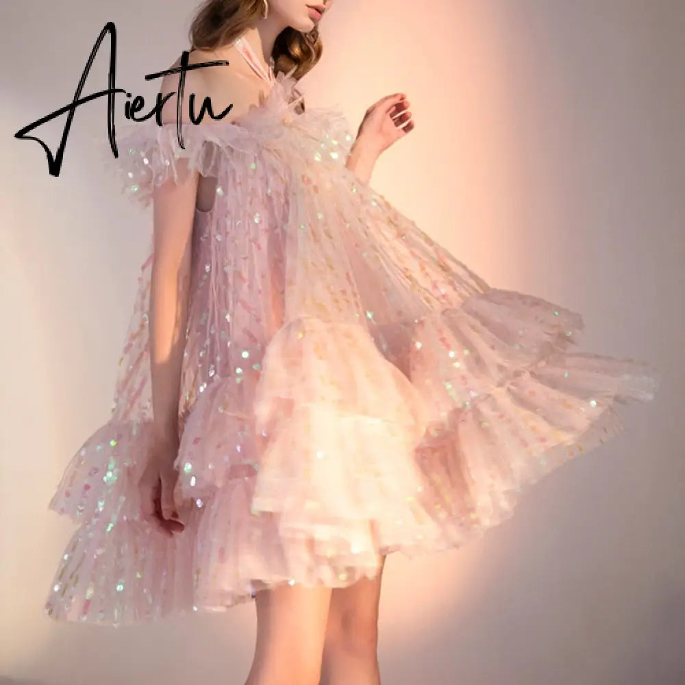 Aiertu Girls Sweet Pink Bling Bling Sequined Ruffles Ball Gown Dress Off Shoulder Halter Summer Beach Party Mesh Dress Aiertu