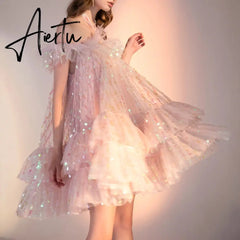 Aiertu Girls Sweet Pink Bling Bling Sequined Ruffles Ball Gown Dress Off Shoulder Halter Summer Beach Party Mesh Dress Aiertu