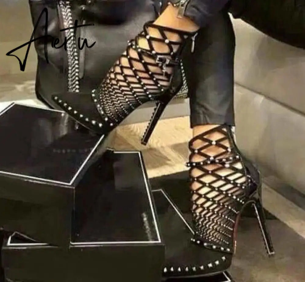 Aiertu Gladiator Roman Sandals Summer Rivet Studded Cut Out Caged Ankle Boots Stiletto High Heel Women Sexy Shoes Pumps Aiertu