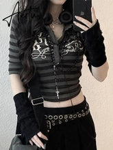 Aiertu Goth Print Tops Stripe Cute Y2K T-Shirts Dark Academia Techwear Button Up V Neck Half Sleeve Sweat Shirts Grunge Tees Aiertu