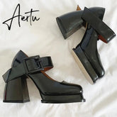 Aiertu Gothic High-heeled Shoes Women Pumps Korean Version of The Wild Thick with Square Head Retro Mary Jane Women's Shoes P45 Aiertu