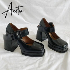 Aiertu Gothic High-heeled Shoes Women Pumps Korean Version of The Wild Thick with Square Head Retro Mary Jane Women's Shoes P45 Aiertu