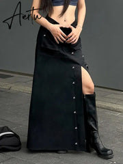Aiertu Gothic Pockets Rivet Split Skirt Dark Solid Mid-Waisted A-Line Maxi Skirts Women Autumn Winter Fashion Streetwear Aiertu