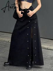 Aiertu Gothic Pockets Rivet Split Skirt Dark Solid Mid-Waisted A-Line Maxi Skirts Women Autumn Winter Fashion Streetwear Aiertu