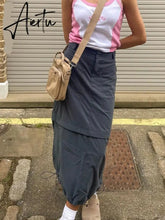 Aiertu Gray Casual Baggy Loose Size Cargo Skirts Womens Big Pockets Streetwear Drawstring Hem Low Waist Hippie Long Skirt Y2K Aiertu