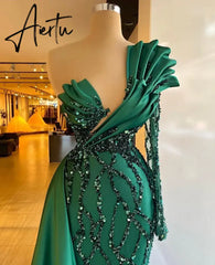 Aiertu Green Luxury Sequins Mermaid Evening Dresses For Women One Shoulder Sleeve Formal Party Dress Satin Frill Celebrity Custom 2024 Aiertu