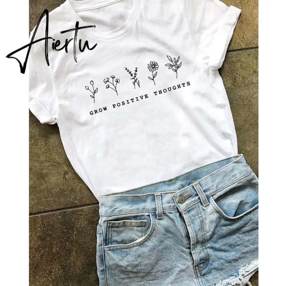 Aiertu Grow Positive Thoughts T-shirt Vintage Women Floral Print Tshirt Summer Inspired Slogan Graphic Boho Tee Top Mental Health Shirt Aiertu