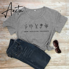 Aiertu Grow Positive Thoughts T-shirt Vintage Women Floral Print Tshirt Summer Inspired Slogan Graphic Boho Tee Top Mental Health Shirt Aiertu