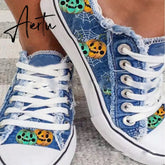 Aiertu Halloween Canvas Shoes Women Pumpkin Monster Printing Women's Shoes Fashion Lace Up Flat Casual Shoes Plus Size Zapatillas Mujer Aiertu