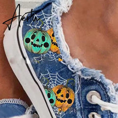 Aiertu Halloween Canvas Shoes Women Pumpkin Monster Printing Women's Shoes Fashion Lace Up Flat Casual Shoes Plus Size Zapatillas Mujer Aiertu