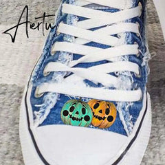 Aiertu Halloween Canvas Shoes Women Pumpkin Monster Printing Women's Shoes Fashion Lace Up Flat Casual Shoes Plus Size Zapatillas Mujer Aiertu