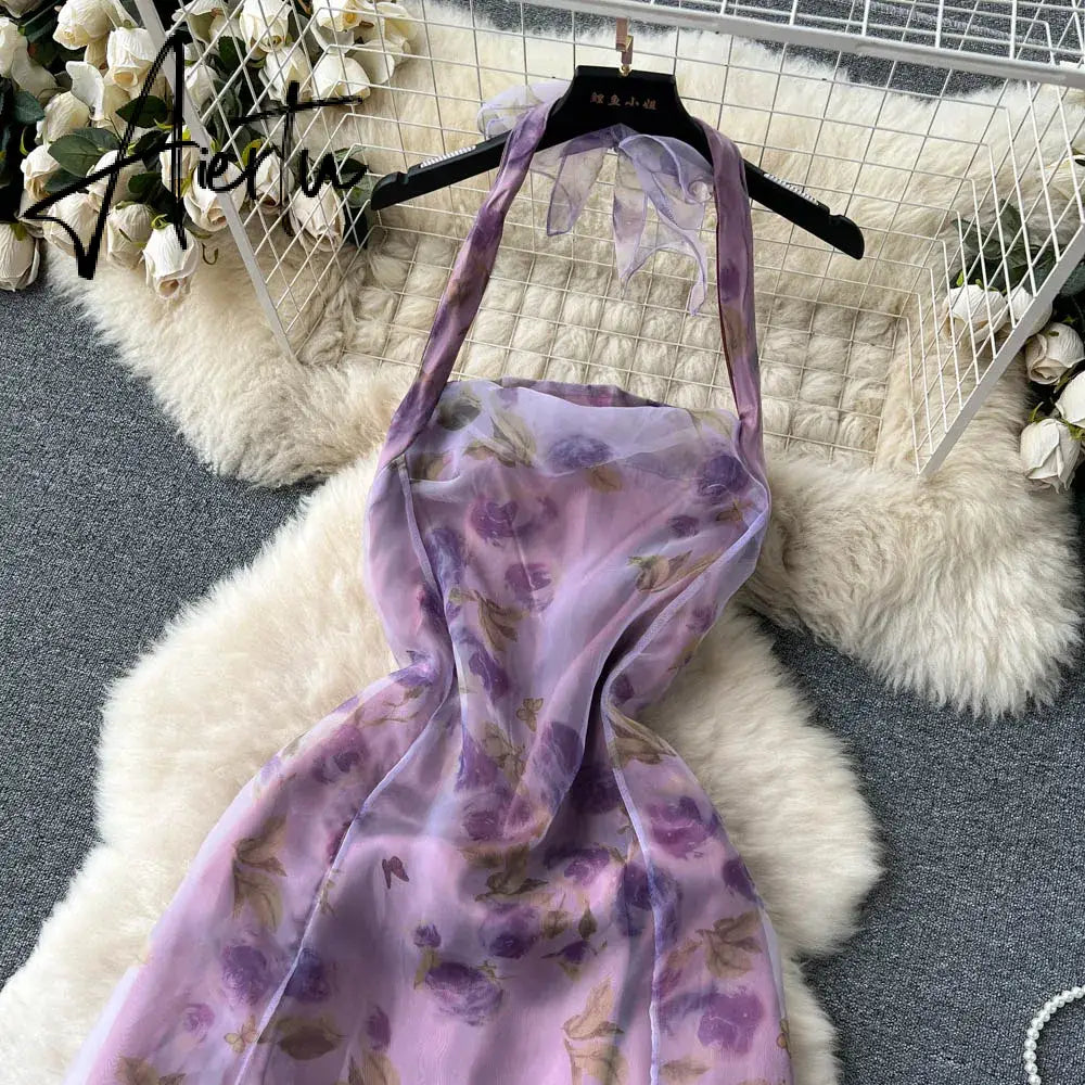 Aiertu Halter Floral Print Long Dress Sleeveless Organza Bohemian Backless Sundress High Quality Lace Up Beach Dress Aiertu