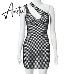 Aiertu Halter Singel Shoulder Cut Out Solid Skinny Sexy Mini Dress Autumn Women Fashion Party Club Elegant Outfits Y2K Aiertu