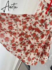 Aiertu Harajuku Design Spaghetti Strap Dress Sleeveless Elegant Patchwork Sexy Red Bow Floral Dress Women Fairy Dress Sweet Romantic Aiertu