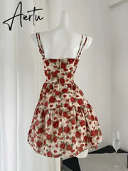 Aiertu Harajuku Design Spaghetti Strap Dress Sleeveless Elegant Patchwork Sexy Red Bow Floral Dress Women Fairy Dress Sweet Romantic Aiertu