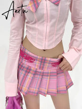 Aiertu Harajuku Kawaii Pink Plaid Skirts Preppy Style Girls Sexy JK Pleated Mini Skirts With Shorts Y2k Kawaii Women Skirts Aiertu