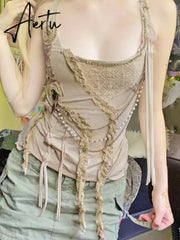 Aiertu Harajuku Personality Y2k Aesthetic Tanks Fashion Pearl Chain Tassel Lace Cropped Top Women Japanese Streetwear Solid Camisoles Aiertu