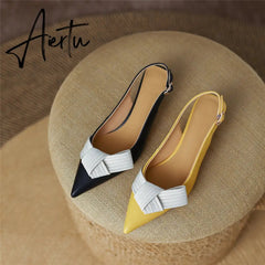 Aiertu Heel Sandal for Women Summer Genuine Leather Slingback Elegent Thin Mid Heel Pointed Buckle Butterfly Decor Woman Shoe 42 Aiertu