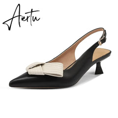 Aiertu Heel Sandal for Women Summer Genuine Leather Slingback Elegent Thin Mid Heel Pointed Buckle Butterfly Decor Woman Shoe 42 Aiertu