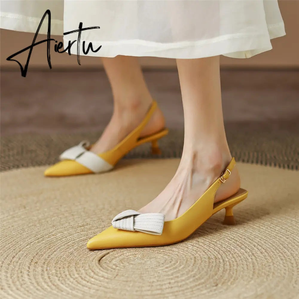 Aiertu Heel Sandal for Women Summer Genuine Leather Slingback Elegent Thin Mid Heel Pointed Buckle Butterfly Decor Woman Shoe 42 Aiertu