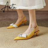 Aiertu Heel Sandal for Women Summer Genuine Leather Slingback Elegent Thin Mid Heel Pointed Buckle Butterfly Decor Woman Shoe 42 Aiertu