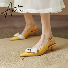 Aiertu Heel Sandal for Women Summer Genuine Leather Slingback Elegent Thin Mid Heel Pointed Buckle Butterfly Decor Woman Shoe 42 Aiertu