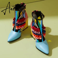 Aiertu High Heel Ankle Boots Bling Bling Novelty Heels Ruffles Party Short Boots For Women Pointed Toe Modern Runway Heel Shoes Ethnic Aiertu