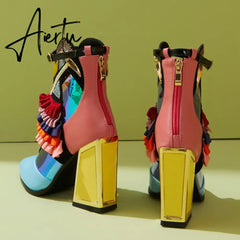 Aiertu High Heel Ankle Boots Bling Bling Novelty Heels Ruffles Party Short Boots For Women Pointed Toe Modern Runway Heel Shoes Ethnic Aiertu