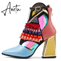 Aiertu High Heel Ankle Boots Bling Bling Novelty Heels Ruffles Party Short Boots For Women Pointed Toe Modern Runway Heel Shoes Ethnic Aiertu