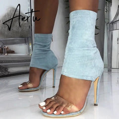 Aiertu high heel ladies sandals with zipper crystal PVC sexy peep toe thin heel Stretch denim women summer shoes Aiertu