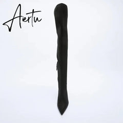 Aiertu High Heel Over Knee Boots For Women Winter New Brand Ladies Black Elastic Satin Pointy Side Zip Slim Heel Stiletto Boots Aiertu