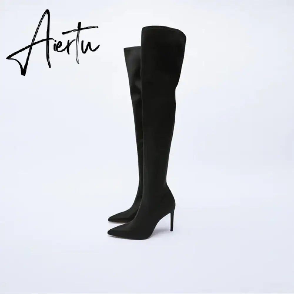 Aiertu High Heel Over Knee Boots For Women Winter New Brand Ladies Black Elastic Satin Pointy Side Zip Slim Heel Stiletto Boots Aiertu
