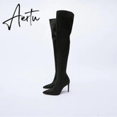 Aiertu High Heel Over Knee Boots For Women Winter New Brand Ladies Black Elastic Satin Pointy Side Zip Slim Heel Stiletto Boots Aiertu