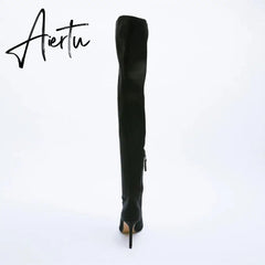 Aiertu High Heel Over Knee Boots For Women Winter New Brand Ladies Black Elastic Satin Pointy Side Zip Slim Heel Stiletto Boots Aiertu