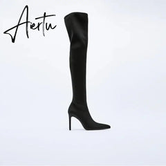 Aiertu High Heel Over Knee Boots For Women Winter New Brand Ladies Black Elastic Satin Pointy Side Zip Slim Heel Stiletto Boots Aiertu