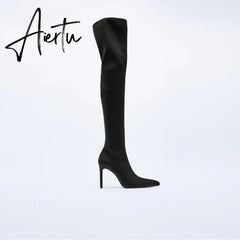 Aiertu High Heel Over Knee Boots For Women Winter New Brand Ladies Black Elastic Satin Pointy Side Zip Slim Heel Stiletto Boots Aiertu