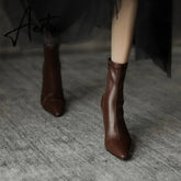 Aiertu High Heels Dress Shoes Pointed Toe Bare Boots Black Booties Thin Heeled Fashion Ankle Boots Retro Ladies Shoes Botas Aiertu
