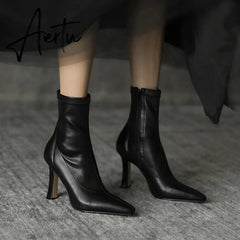 Aiertu High Heels Dress Shoes Pointed Toe Bare Boots Black Booties Thin Heeled Fashion Ankle Boots Retro Ladies Shoes Botas Aiertu