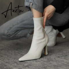Aiertu High Heels Dress Shoes Pointed Toe Bare Boots Black Booties Thin Heeled Fashion Ankle Boots Retro Ladies Shoes Botas Aiertu