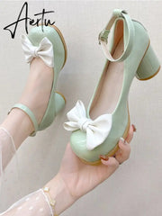 Aiertu High Heels Women Mary Janes Lolita Shoes Retro Dress Thick Pumps Summer Sandals New Party Bow Ladies Shoes Prom Zapatos Aiertu