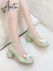 Aiertu High Heels Women Mary Janes Lolita Shoes Retro Dress Thick Pumps Summer Sandals New Party Bow Ladies Shoes Prom Zapatos Aiertu