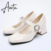 Aiertu High Heels Women's Spring New Round Toe Black Ladies Small Leather Shoes Retro Fashion Thick Heel Shallow Shoes Aiertu