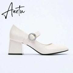 Aiertu High Heels Women's Spring New Round Toe Black Ladies Small Leather Shoes Retro Fashion Thick Heel Shallow Shoes Aiertu