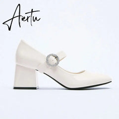Aiertu High Heels Women's Spring New Round Toe Black Ladies Small Leather Shoes Retro Fashion Thick Heel Shallow Shoes Aiertu