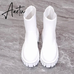 Aiertu High Quality Ankle Boots for Women Autumn Motorcycle Boots Thick Heel Platform Shoes Woman Slip on Round Toe Fashion Boot Aiertu
