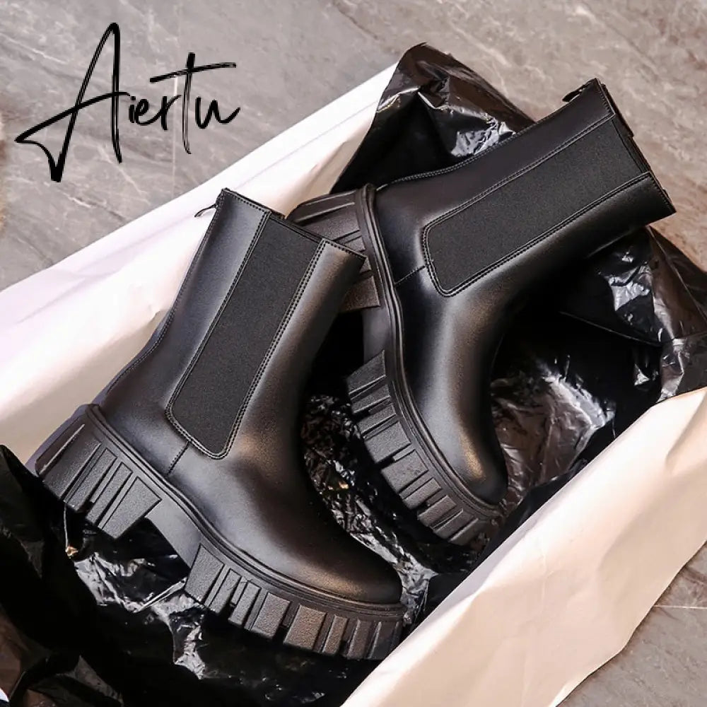 Aiertu High Quality Ankle Boots for Women Autumn Motorcycle Boots Thick Heel Platform Shoes Woman Slip on Round Toe Fashion Boot Aiertu