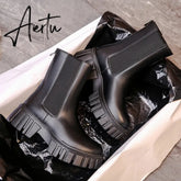 Aiertu High Quality Ankle Boots for Women Autumn Motorcycle Boots Thick Heel Platform Shoes Woman Slip on Round Toe Fashion Boot Aiertu
