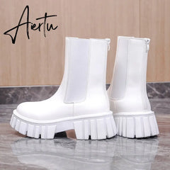 Aiertu High Quality Ankle Boots for Women Autumn Motorcycle Boots Thick Heel Platform Shoes Woman Slip on Round Toe Fashion Boot Aiertu